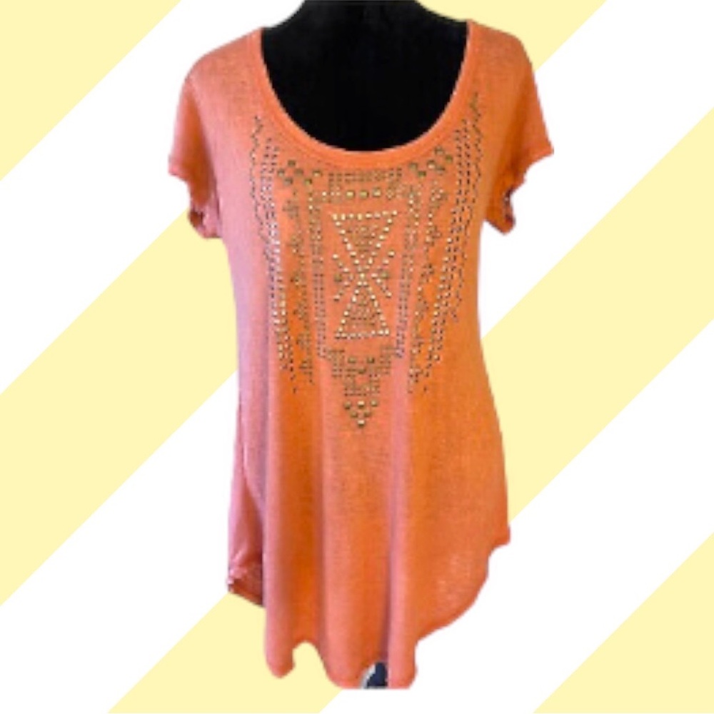 WALLPAPER Burnt Orange Tunic Tee with Bronze Metal Appliqués, Size 1X